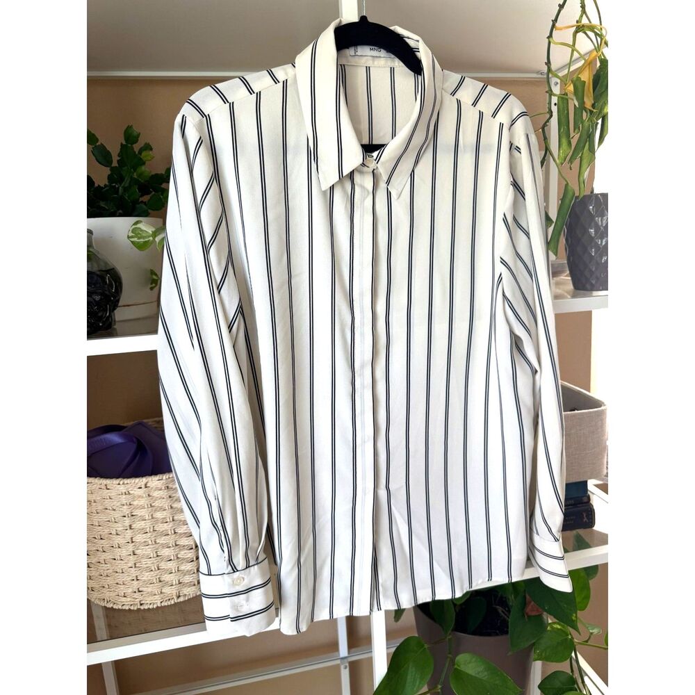 Mango White and Black Stripe Button Down